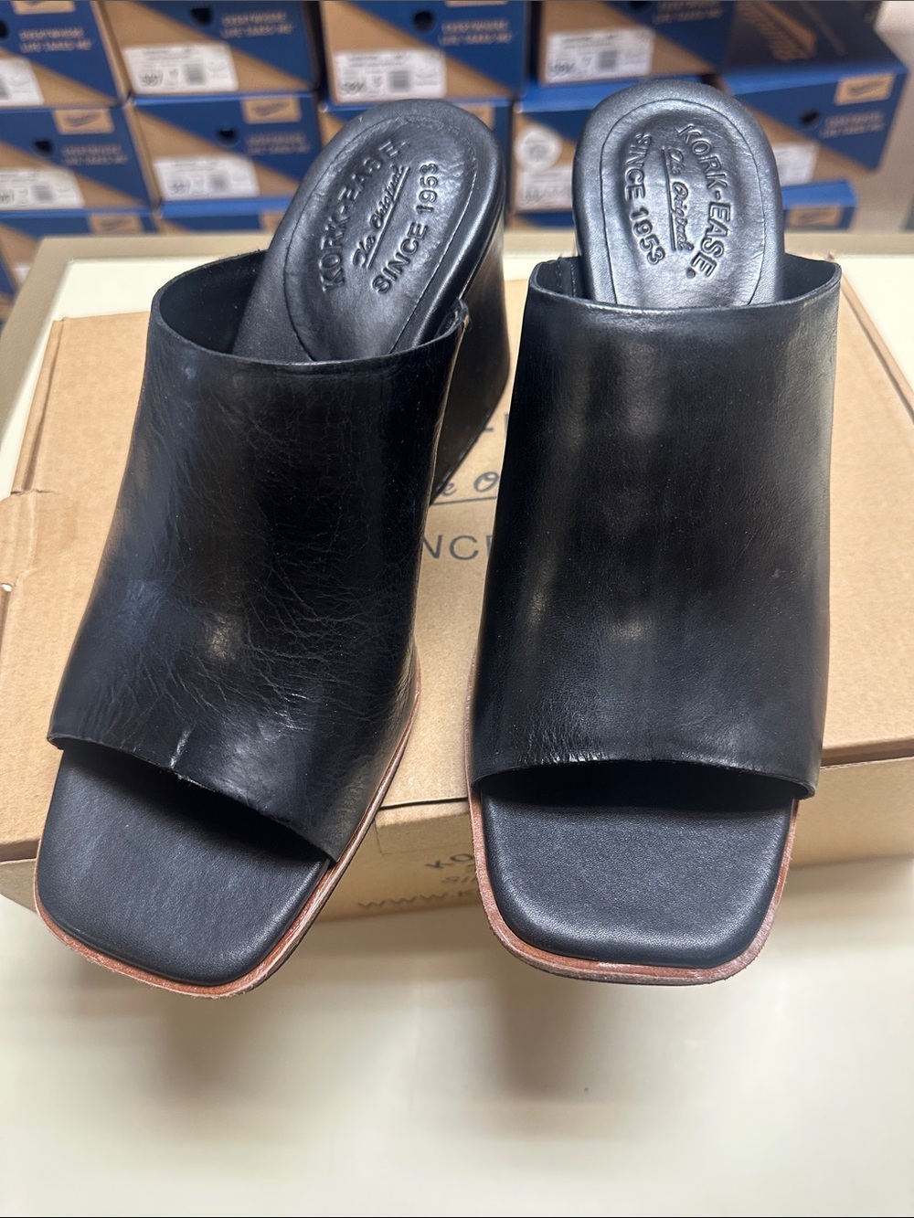Kork-Ease Carri Black Leather Open Square Toe Slide Mules